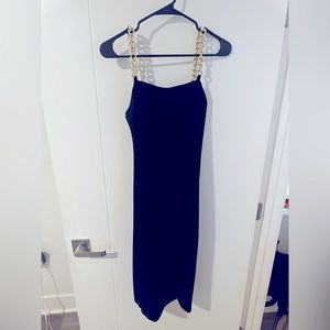 Black fitted Mini dress with Gold chain straps